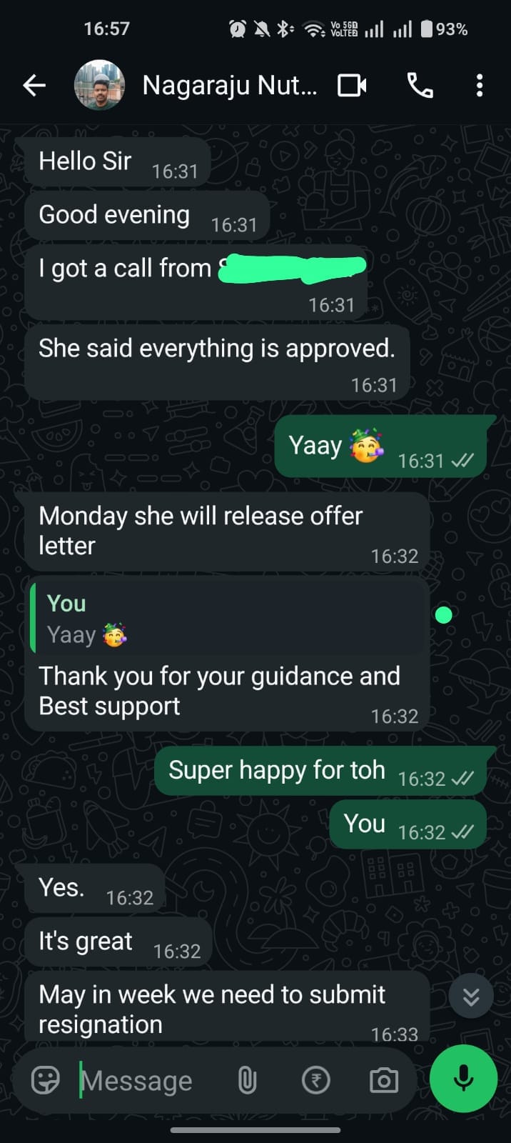 Original WhatsApp conversation from Nagaraju sharing that approval was received and an offer letter would be released