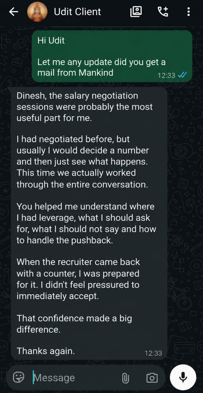 Original WhatsApp message from Udit about salary negotiation