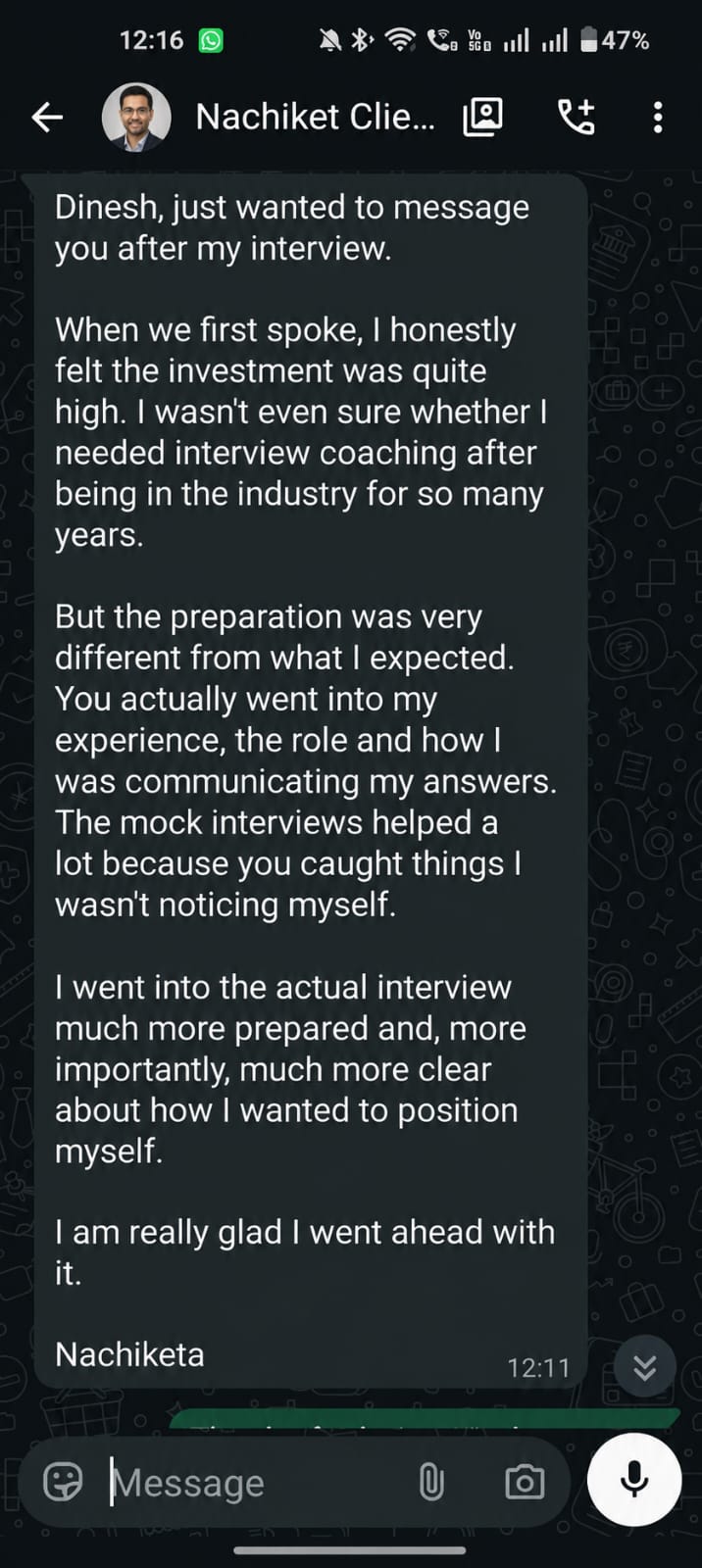 Original WhatsApp message from Nachiketa about senior interview preparation