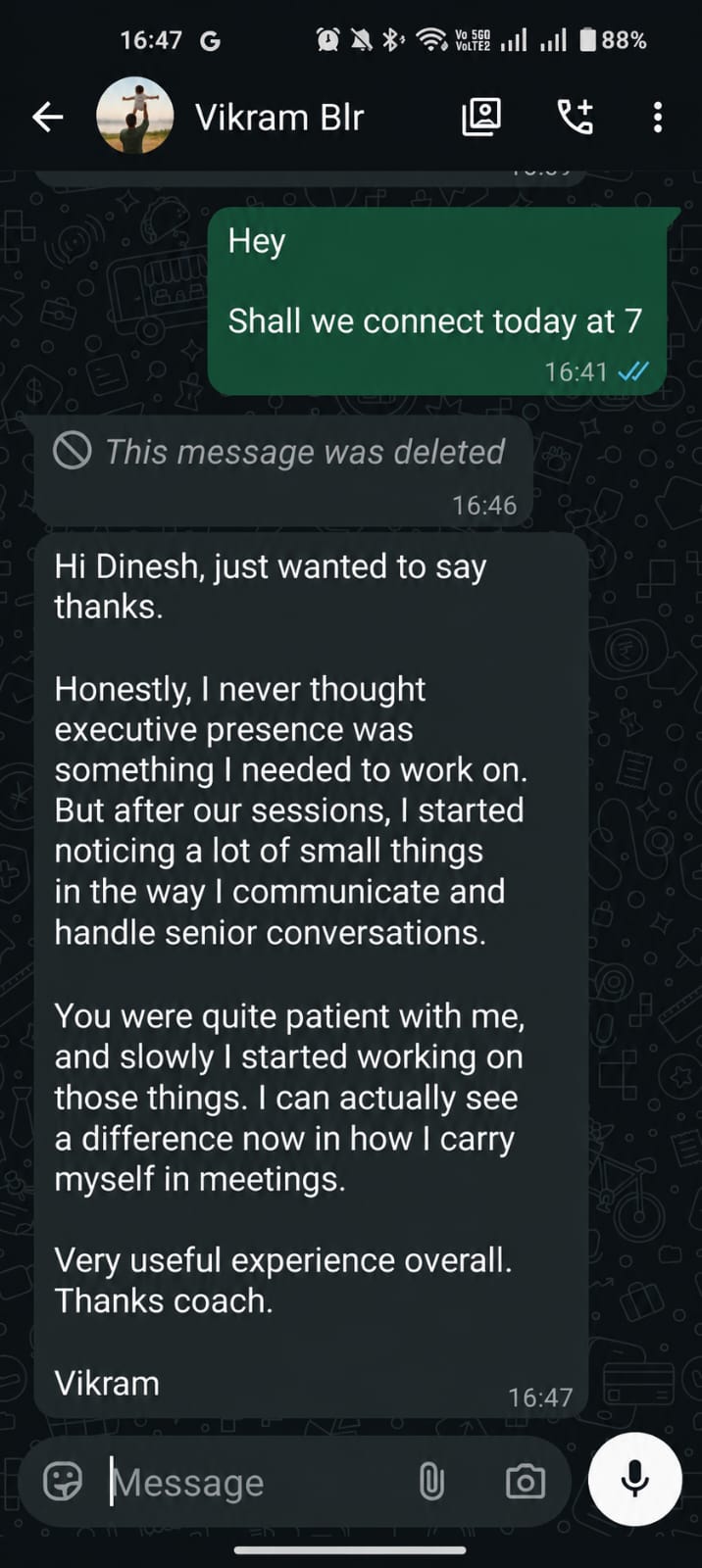 Original WhatsApp message from Vikram about executive presence