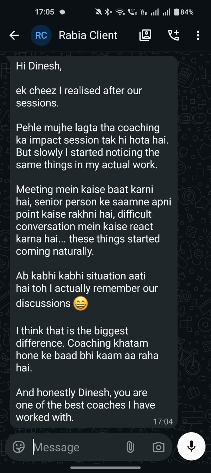 Original WhatsApp message from Rabia about leadership communication