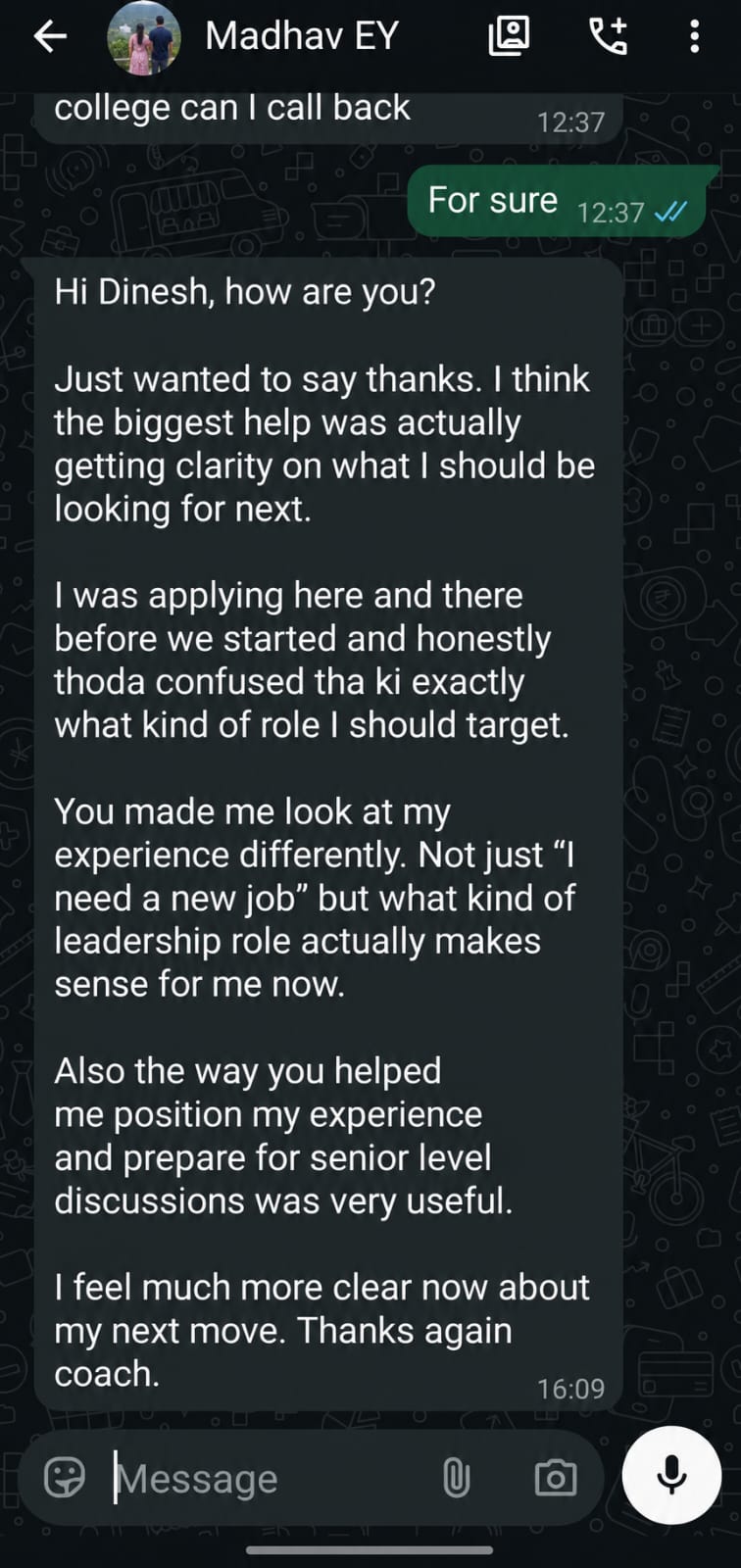 Original WhatsApp message from Madhav about career direction